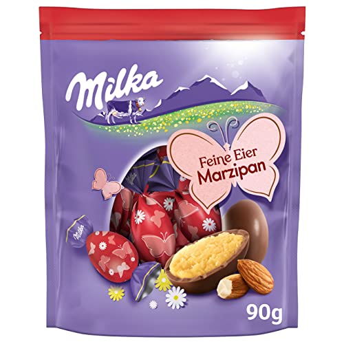 Milka Feine Eier Marzipan 1 x 90g I Osterschokolade Einzelpackung I für das Osternest und zum Verstecken I Süßigkeiten zu Ostern aus 100% Alpenmilch Schokolade von Milka