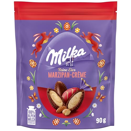 Milka Feine Eier Marzipan 1 x 90g I Osterschokolade Einzelpackung I für das Osternest und zum Verstecken I Süßigkeiten zu Ostern aus 100% Alpenmilch Schokolade von Milka