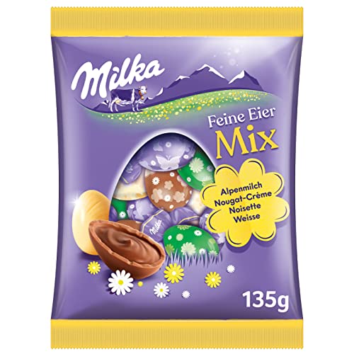 Milka Feine Eier Mischung 1 x 135g I Osterschokolade Einzelpackung I 4 Geschmacksrichtungen I für das Osternest und zum Verstecken I Süßigkeiten zu Ostern aus 100% Alpenmilch Schokolade von Milka