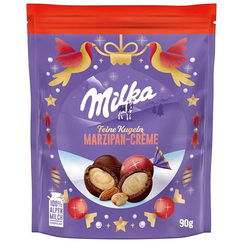 Milka Feine Kugeln Marzipan 1 x 90g, Weihnachtsschokolade Einzelpackung, Adventskalender Schokolade, Süßigkeiten zu Weihnachten aus 100% Alpenmilch Schokolade von Milka