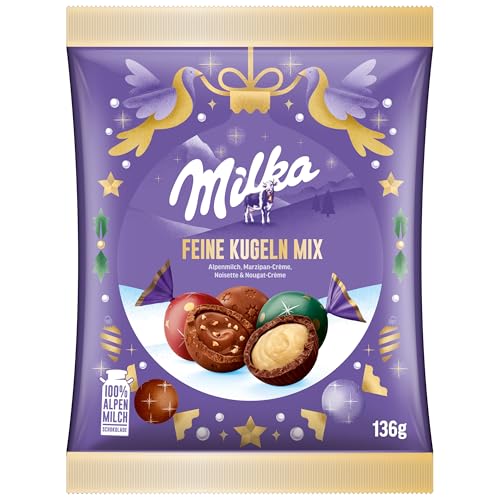 Milka Feine Kugeln Mix 1 x 133g, Weihnachtsschokolade Einzelpackung, Adventskalender Schokolade, Süßigkeiten zu Weihnachten aus 100% Alpenmilch Schokolade von Milka