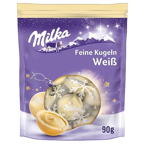 Milka Feine Kugeln Weiß 1 x 90g I Weihnachtsschokolade Einzelpackung I Adventskalender Schokolade Weiß I Süßigkeiten zu Weihnachten aus 100% Alpenmilch Schokolade von Milka