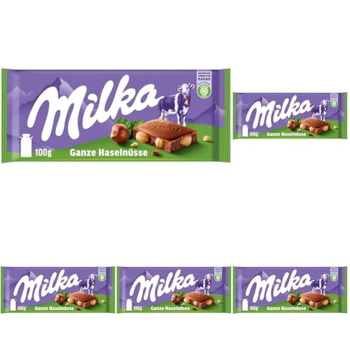 Milka Ganze Haselnüsse 1 x 100g I Alpenmilch-Schokolade I mit ganzen Haselnüssen I Milka Nuss-Schokolade aus 100% Alpenmilch I Tafelschokolade (Packung mit 5) von Milka