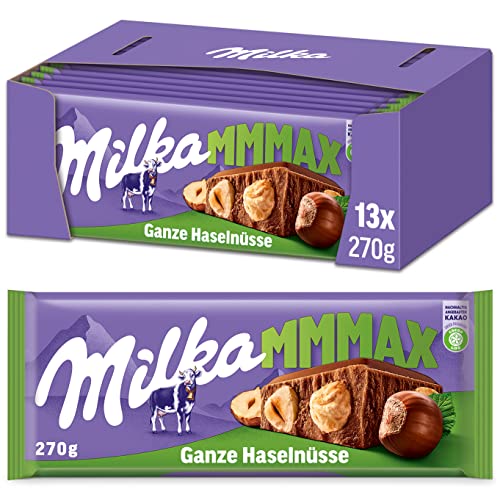 Milka Ganze Haselnüsse 13 x 270g Großtafel, Zartschmelzende Schokoladentafel mit ganzen Haselnüssen von Milka