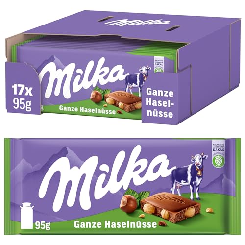 Milka Ganze Haselnuss, Alpenmilch Schokolade mit ganzen Haselnüssen, Packung mit 17 Tafeln à 95g von Milka