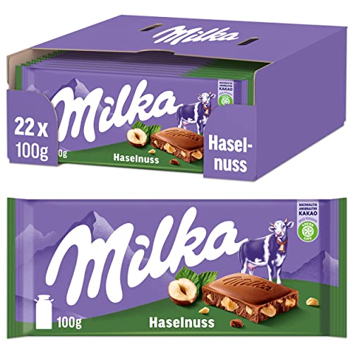 Milka Haselnuss Tafel 22 x 100g – Alpenmilch Tafelschokolade mit feinen Haselnüssen, Noch schokoladiger von Milka