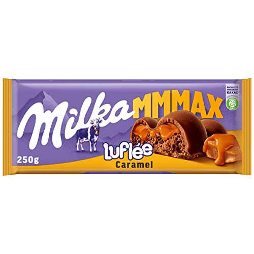 Milka Luflée Caramel 1 x 250g I Großtafel I Alpenmilch-Schokolade I Luftschokolade mit Karamell I Milka Schokolade aus 100% Alpenmilch I Tafelschokolade von Milka