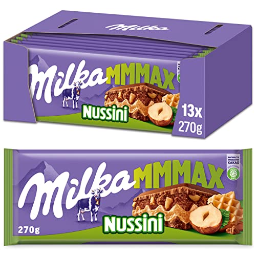 Milka MMMAX Nussini 13 x 270g Großtafel, Zartschmelzende Schokoladentafel mit feiner Haselnusscreme und Waffel von Milka