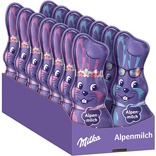 Milka Mein Lieblingsschmunzelhase Alpenmilch 14 x 90g I Osterschokolade Großpackung I 2 verschiedene Designs I Osterhasen Schokolade aus 100% Alpenmilch von Milka