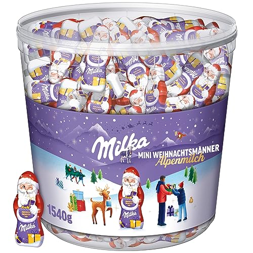 Milka Mini Weihnachtsmänner 1 x 1540g, Alpenmilch Schokolade, Milchcrème und Noisette, Klarsichtdose (1er Pack) von Milka