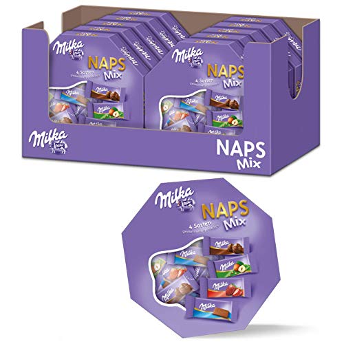 Milka Naps Mix 10 x 138g, Zartschmelzende Mini-Schokoladentäfelchen aus Alpenmilch, Erdbeer, Haselnuss und Crème au Cacao von Milka