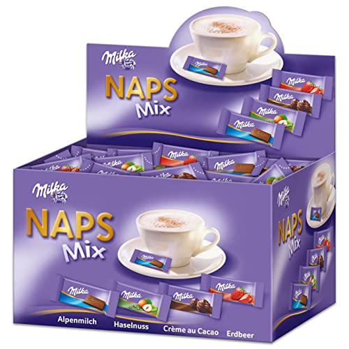 Milka Naps Mix 1 x 1,702 kg, Mini-Schokoladentäfelchen aus Alpenmilch, Erdbeer, Haselnuss und Crème au Cacao von Milka