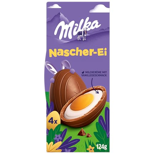 Milka Nascher-Ei 1 x 124g I Osterschokolade Einzelpackung I für das Osternest und zum Verstecken I Süßigkeiten zu Ostern aus 100% Alpenmilch Schokolade von Milka