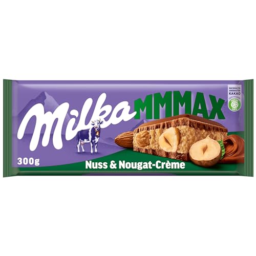 Milka Nuss-Nougat 1 x 300g I Großtafel I Alpenmilch-Schokolade I mit cremiger Nuss-Nougat-Créme und ganzen Haselnüssen I Milka Nuss-Schokolade aus 100% Alpenmilch I Tafelschokolade von Milka