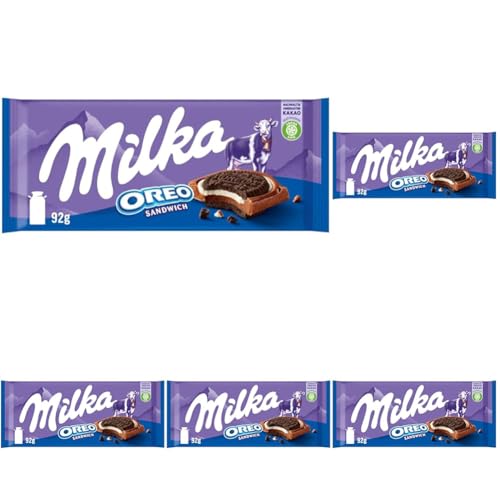 Milka OREO Sandwich 1 x 92g I Alpenmilch-Schokolade I mit OREO Keksen I Milka Schokolade aus 100% Alpenmilch I Tafelschokolade (Packung mit 5) von Milka