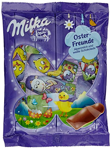 Milka Oster-Freunde 120g, Zartschmelzende Schokoladenfiguren aus feinster Alpenmilch in drei zufällig ausgewählten Designs von Milka