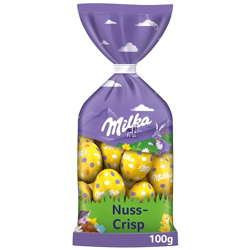 Milka Ostereier Nuss-Crisp 1 x 100g I Osterschokolade Einzelpackung I für das Osternest und zum Verstecken I Süßigkeiten zu Ostern aus 100% Alpenmilch Schokolade von Milka