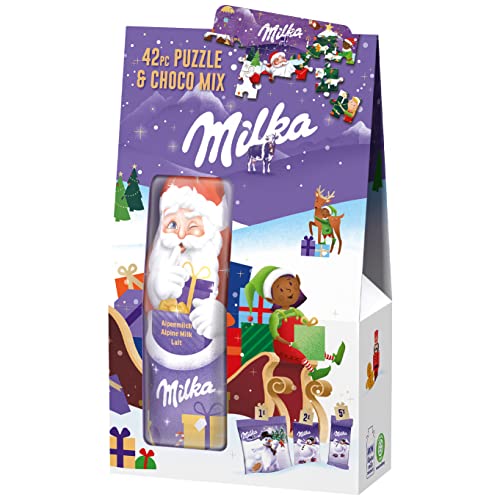 Milka Puzzle & Choco Mix 1 x 124g I Weihnachtsschokolade Einzelpackung I Mit Puzzle 42-teilig I Süßigkeiten zu Weihnachten aus 100% Alpenmilch Schokolade von Milka