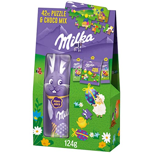 Milka Puzzle & Choco Mix Ostern 1 x 124g I Osterschokolade Einzelpackung I inkl. Puzzle mit 42 Teilen I Ostergeschenk Schokolade I Süßigkeiten zu Ostern aus 100% Alpenmilch Schokolade von Milka