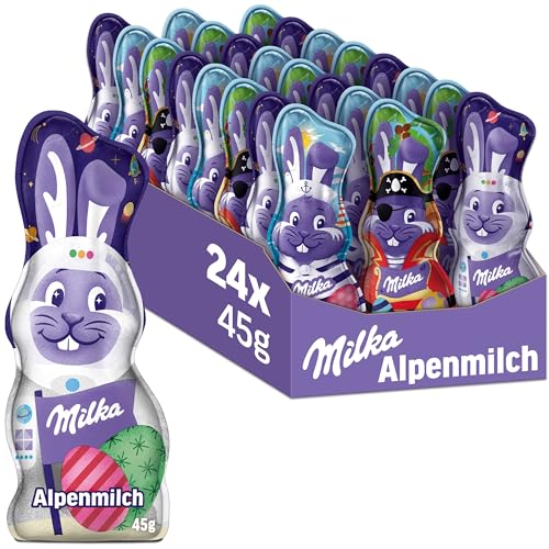 Milka Schmunzelhase Alpenmilch Design Edition 24 x 45g I Osterschokolade Großpackung I 3 verschiedene Designs I Osterhasen Schokolade aus 100% Alpenmilch von Milka