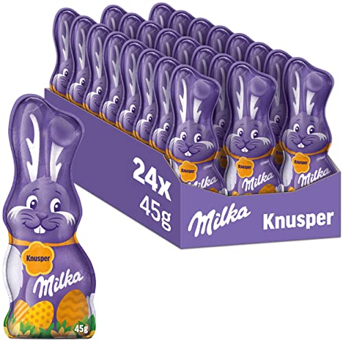 Milka Schmunzelhase Knusper 24 x 45g I Osterschokolade Großpackung I mit Knusperreis I Osterhasen Schokolade aus 100% Alpenmilch von Milka