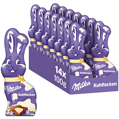 Milka Schmunzelhase Kuhflecken 14 x 100g I Osterschokolade Großpackung I gefleckter Schoko-Osterhase für echte Milka Fans I Osterhasen Schokolade aus 100% Alpenmilch von Milka