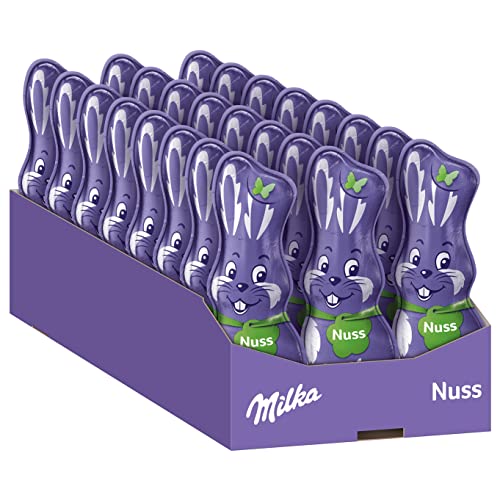 Milka Schmunzelhase Nuss 24 x 45g I Osterschokolade Großpackung I mit Haselnuss-Stückchen I Osterhasen Schokolade aus 100% Alpenmilch von Milka