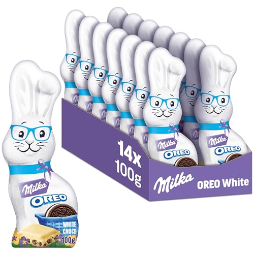 Milka Schmunzelhase OREO White 14 x 100g I Osterschokolade Großpackung I weiße Schokolade mit OREO-Keksstückchen I Osterhasen Schokolade aus 100% Alpenmilch von Milka