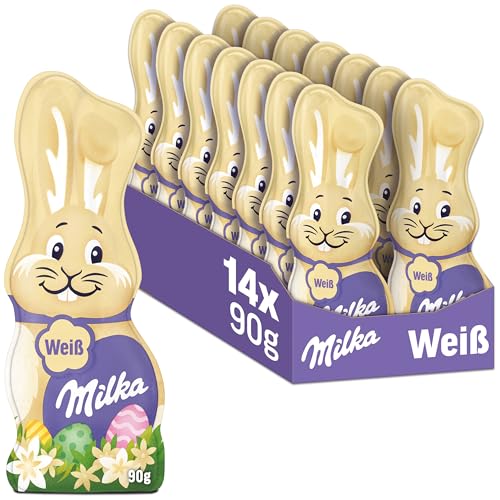 Milka Schmunzelhase Weiß 14 x 90g I Osterschokolade Großpackung I Weiße Osterhasen Schokolade aus 100% Alpenmilch von Milka