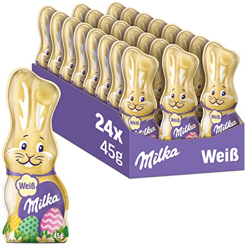 Milka Schmunzelhase Weiß 24 x 45g I Osterschokolade Großpackung I Weiße Osterhasen Schokolade aus 100% Alpenmilch von Milka