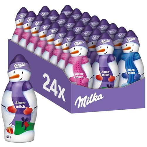 Milka Schneemann Alpenmilch 24 x 50g I Schoko Schneemann-Figur Großpackung I 3 verschiedene Designs I Weihnachtsschokolade aus 100% Alpenmilch von Milka