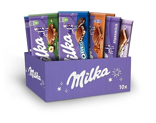 Milka Selection Box 1 kg I 10 Schokoladentafeln á 100g I 5 verschiedene Milka Sorten I inkl. Alpenmilch, Alpenmilchcréme, Haselnuss, Karamell, OREO I Tafelschokolade Geschenkbox I Schokoladen Geschenk von Milka