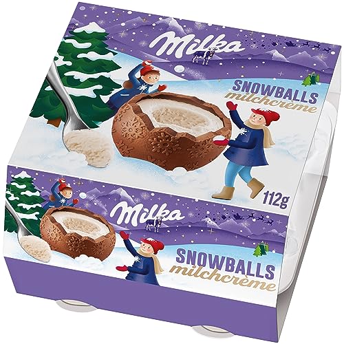 Milka Snowballs Milchcréme 1 x 112g I Gefüllte Weihnachtsschokolade Einzelpackung I Große Schokokugeln zum Auslöffeln I Süßigkeiten zu Weihnachten aus 100% Alpenmilch Schokolade von Milka