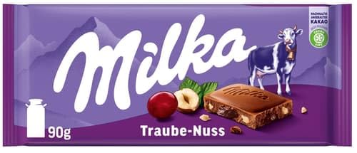 Milka Traube Nuss Schokolade, mit Alpenmilch und zerkleinerten Nüssen, Uvas und Rosinen, 1x 90g Packung von Milka