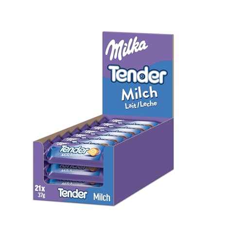 Milka Tender Milch 21 x 37g, Biskuit-Rolle mit Milchcrèmefüllung und Vollmilchschokolade von Milka