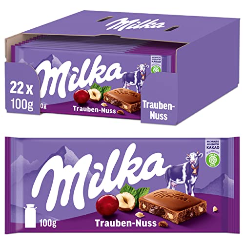 Milka Trauben-Nuss Tafel 22 x 100g, Alpenmilch Schokolade mit Trauben- und Haselnüssen, Noch schokoladiger von Milka