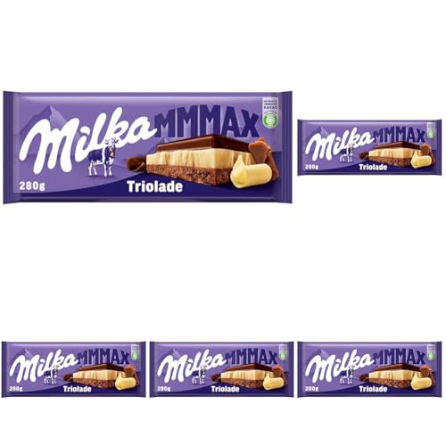 Milka Triolade 1 x 280g I Großtafel aus drei Schichten Schokolade I Alpenmilch-Schokolade, weiße und dunkle Schokolade I Milka Schokolade aus 100% Alpenmilch I Tafelschokolade (Packung mit 5) von Milka