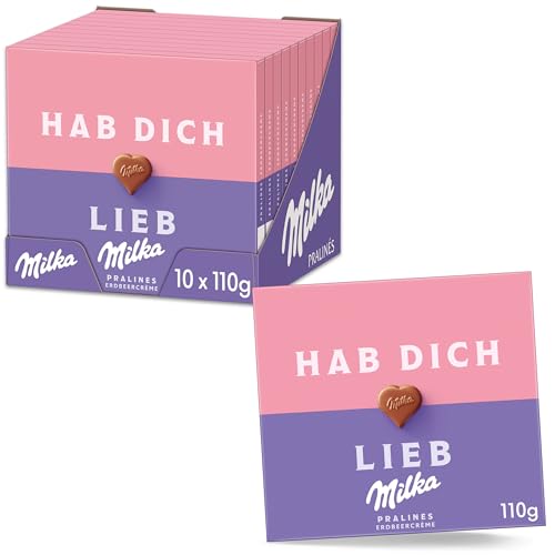 Milka Hab Dich Lieb Pralinen Erdbeercreme 10 x 110g, Pralinen aus zarter Alpenmilch Schokolade gefüllt mit feinster Erdbeercreme von Milka