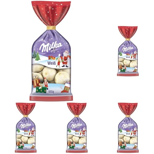 Milka Weihnachts-Kugeln Weiß 1 x 100g I Weihnachtsschokolade Einzelpackung I Adventskalender Schokolade Weiß I Süßigkeiten zu Weihnachten aus 100% Alpenmilch Schokolade (Packung mit 5) von Milka