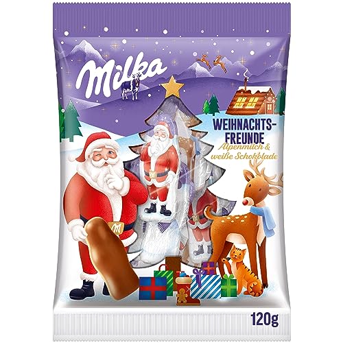 Milka Weihnachtsfreunde 1 x 120g I Weihnachtsschokolade Einzelpackung I Adventskalender Schokolade Vollmilch & Weiß I Süßigkeiten zu Weihnachten aus 100% Alpenmilch Schokolade von Milka