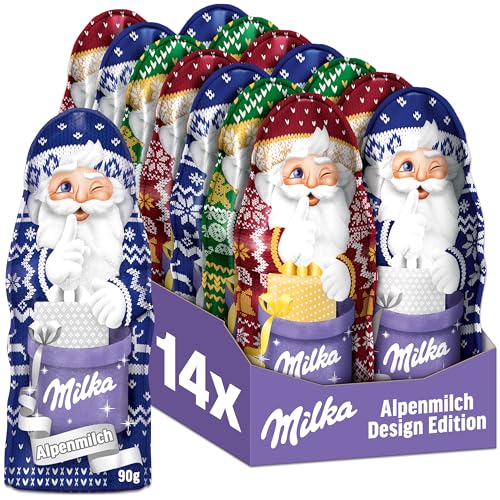 Milka Weihnachtsmann Alpenmilch Design Edition 14 x 90g I Schoko Weihnachtsmann Großpackung I 3 verschiedene Designs I Weihnachtsschokolade aus 100% Alpenmilch von Milka