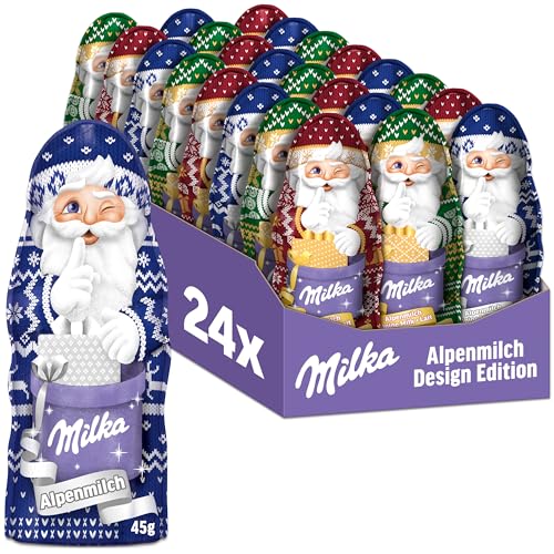 Milka Weihnachtsmann Alpenmilch Design Edition 24 x 45g I Schoko Weihnachtsmann Großpackung I 3 verschiedene Designs I Weihnachtsschokolade aus 100% Alpenmilch von Milka