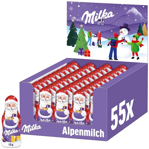 Milka Weihnachtsmann Alpenmilch Thekendisplay 55 x 15g I Mini Schoko Weihnachtsmann Großpackung I Weihnachtsschokolade aus 100% Alpenmilch von Milka