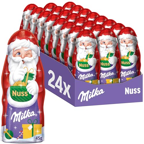 Milka Weihnachtsmann Nuss 24 x 45g I Schoko Weihnachtsmann Großpackung I Weihnachtsschokolade aus 100% Alpenmilch mit Haselnuss von Milka