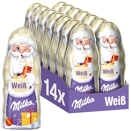 Milka Weihnachtsmann Weiße Schokolade 14 x 90g I Schoko Weihnachtsmann Großpackung I Weiße Weihnachtsschokolade aus 100% Alpenmilch von Milka