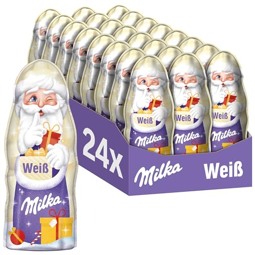 Milka Weihnachtsmann Weiße Schokolade 24 x 45g I Schoko Weihnachtsmann Großpackung I Weiße Weihnachtsschokolade aus 100% Alpenmilch von Milka