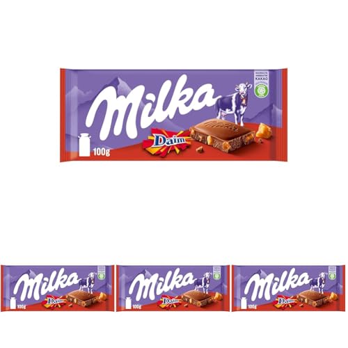 Milka & Daim 1 x 100g I Alpenmilch-Schokolade I mit Mandel-Karamell-Stückchen I Milka Schokolade aus 100% Alpenmilch I Tafelschokolade mit Daim (Packung mit 4) von Milka