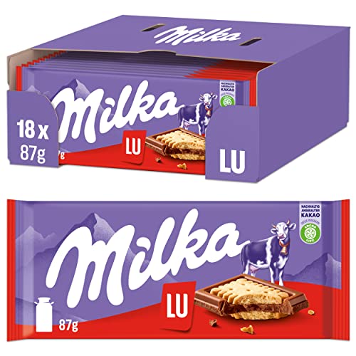 Milka & LU Kekse 18 x 87g, Zartschmelzende Alpenmilch Schokoladentafel mit LU Keksen von Milka