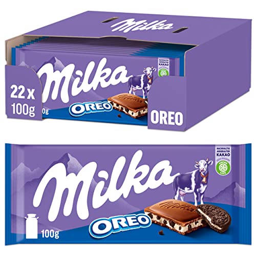 Milka & OREO Schokoladentafel, Zarte Milka Alpenmilch Schokolade mit knusprigen original OREO-Keksstückchen, 22 x 100g von Milka