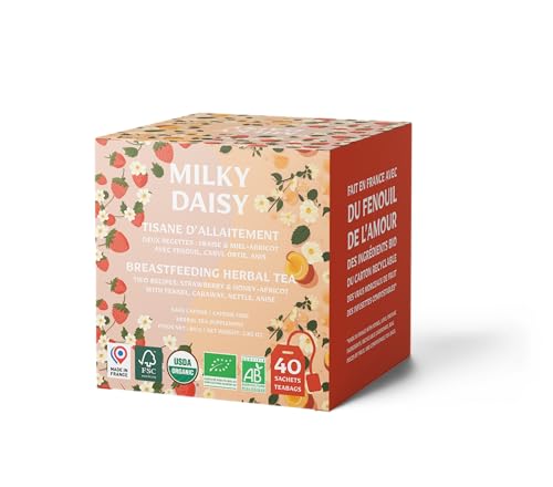 Milky Daisy - Bio-Stilltee-Duo - Erdbeere & Aprikosen-Honig Geschmack mit Fenchel, Anis, Kümmel und Brennnessel - Laktationsstimulierender Aufguss für Mütter - 40 kompostierbare Aufgüsse von Milky Daisy